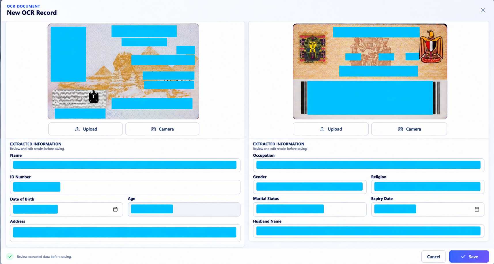 National ID OCR extraction form with personal data redacted