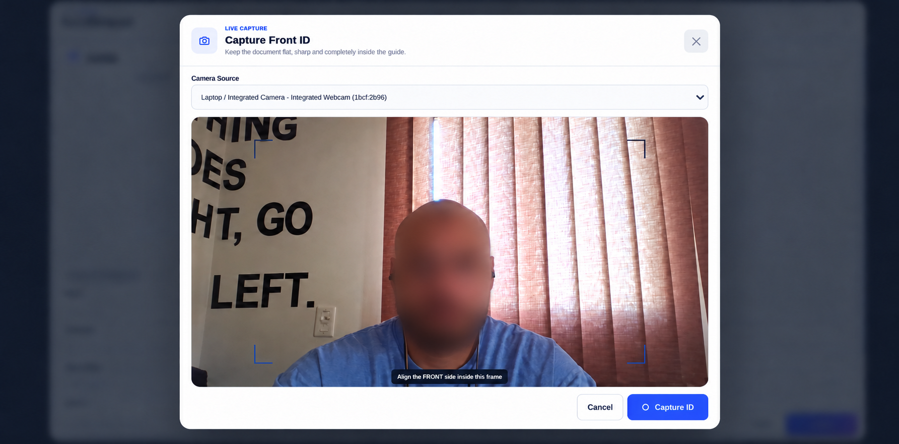 Live National ID capture interface with the face blurred